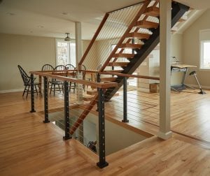 Viewrail Flight with wood handrail terminating into ceiling