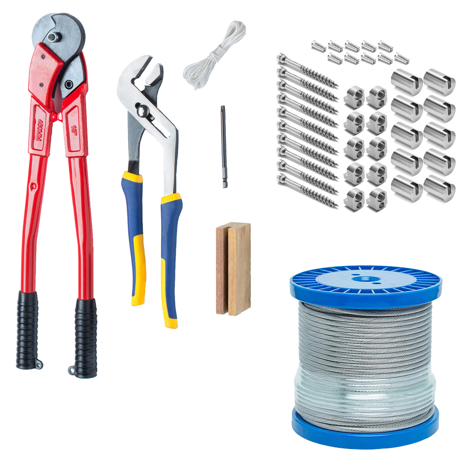 Cable, Tensioning Screw, Barrel Fitting, Cable Wedge, Surface Cover, Modified Pliers, Cable Cutter, 6â³ T-30 Bit, Insert Sleeve Driver, and Bundle of wire.